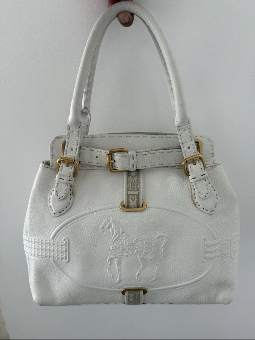 Fendi White Leather Embossed Horse Satchel with Gold Hardware